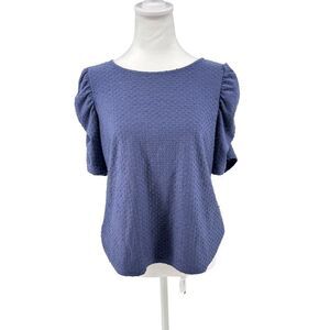 W5 Women’s Textured Puff Sleeve Knit Top Sz L Blue Short Sleeve Blouse EUC
